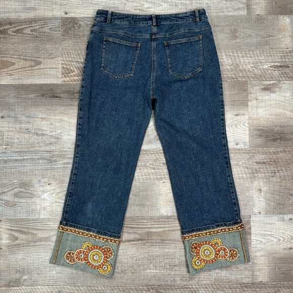 Y2K Cache Size 6 Denim Capri Jeans Cropped Blue Rhinestones Beaded Cuffed - Picture 2 of 13